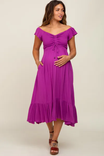 PinkBlush Magenta Smocked Ruched Ruffle Hem Maternity Maxi Dress
