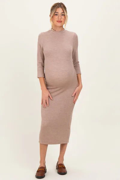 PinkBlush Taupe Ribbed Knit Mock Neck Long Sleeve Ruched Maternity Dress