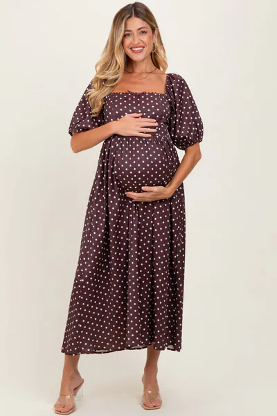PinkBlush Brown Polka Dot Square Neck Maternity Midi Dress