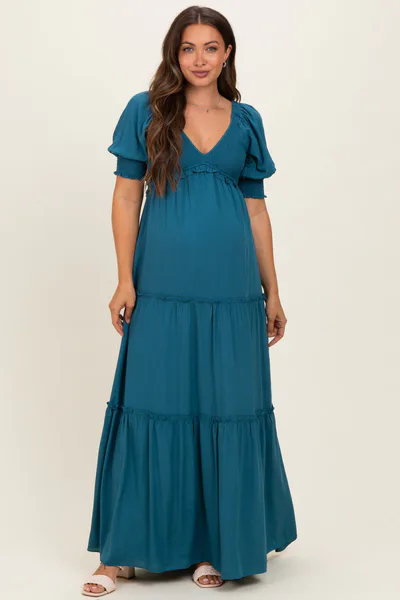 PinkBlush Teal V-Neck Smocked Tiered Maternity Maxi Dresses