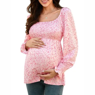 Target YESFASHION Women's Maternity Tops Square Neck Lantern Sleeve Floral Smocked Babydoll Blouses PinkFloral S