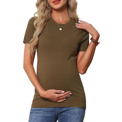 Target INSPIRE CHIC Women's Maternity Top Stretchy Knit Sweater Short Sleeve Summer Pregnancy Round Neck Blouse Medium Brown