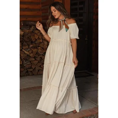 Target Pinkblush Cream Off Shoulder Ruffle Tiered Maternity Maxi Dress Small