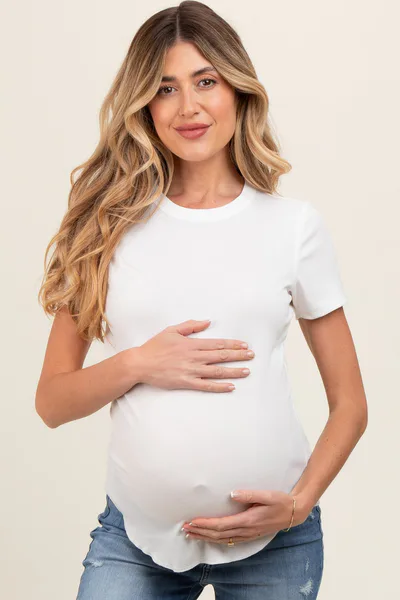 PinkBlush White Ribbed Short Sleeve Curved Hem Maternity Top