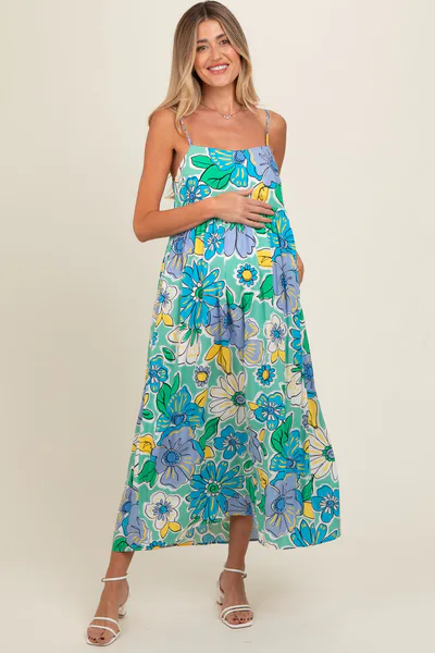 PinkBlush Green Floral Back Tie Maternity Midi Dress