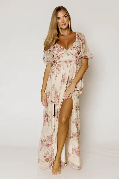 Worth Collective Daphne Floral Maxi Dress in Beige Rose - Bump Friendly *9/22 PRE-ORDER*
