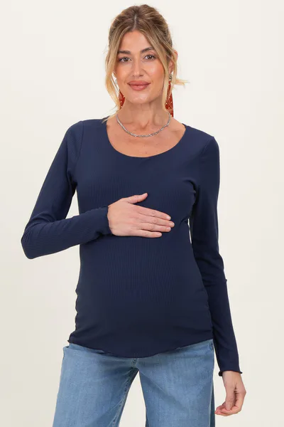 PinkBlush Navy Ribbed Long Sleeve Lettuce Trim Maternity Top