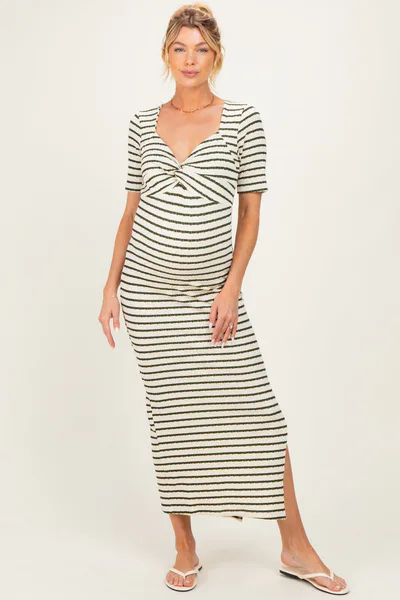 PinkBlush Cream/ Olive Striped Knit Short Sleeve Maternity Maxi Dress