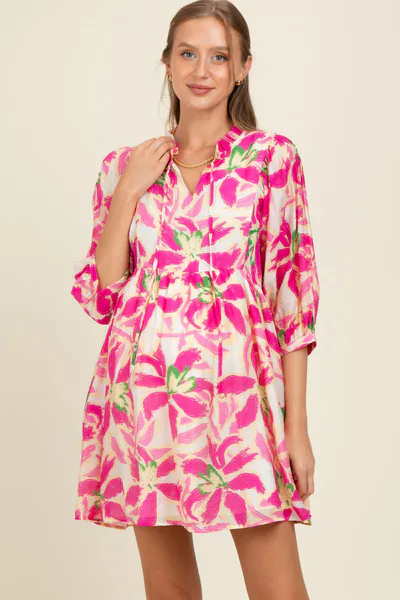 PinkBlush Fuchsia Abstract Floral Front Tie 3/4 Sleeve Maternity Dress