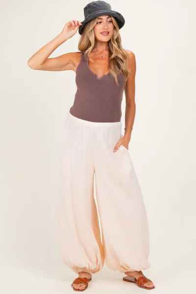 PinkBlush Ecru Cotton Gauze Tie Hem Maternity Pants