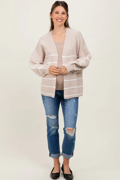 PinkBlush Taupe Striped Oversized Maternity Cardigan