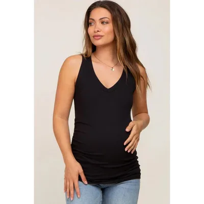 Target PinkBlush Black Ribbed Sleeveless Ruched Maternity Tank Top Black Large