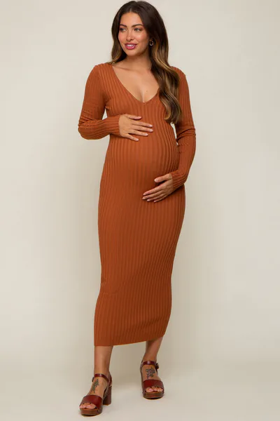 PinkBlush Camel V-Neck Long Sleeve Fitted Maternity Maxi Dress