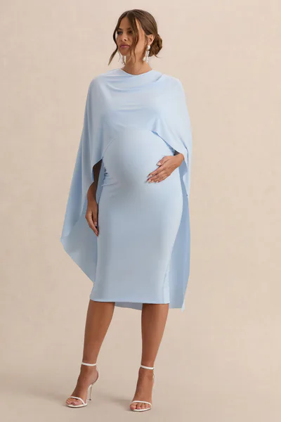 Club L London Arwen | Powder Blue Round-Neck Maternity Midi Dress With Cape Detail