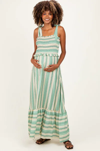PinkBlush Green Striped Smocked Shoulder Tie Maternity Midi Dress