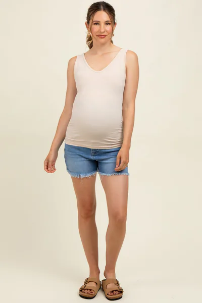 PinkBlush Blue Fringe Hem Maternity Jean Shorts