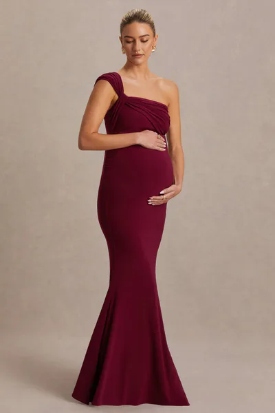Club L London Mila | Burgundy Asymmetric-Neck Maternity Maxi Dress