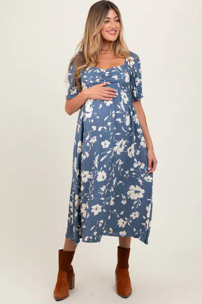 PinkBlush Light Navy Floral Sweetheart Neckline Maternity Midi Dress
