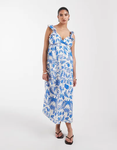 ASOS Vero Moda Maternity ruffle shoulder v neck maxi dress in blue floral print