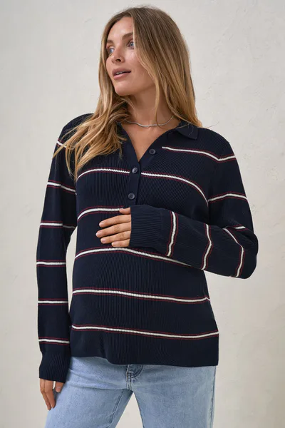 Bae the Label Interval Knit Nursing Polo - Navy Stripe