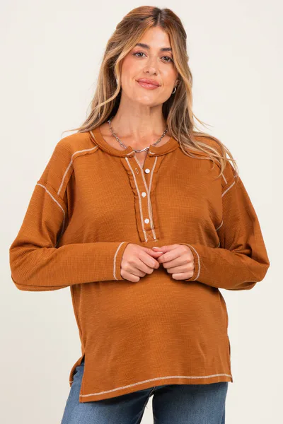 PinkBlush Burnt Camel Ribbed Jersey Oversized Maternity Henley