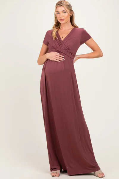 PinkBlush PinkBlush Red Brown Draped Maternity/Nursing Maxi Dress