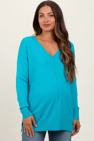 PinkBlush Jade Front Seam V-Neck Side Slit Maternity Sweater