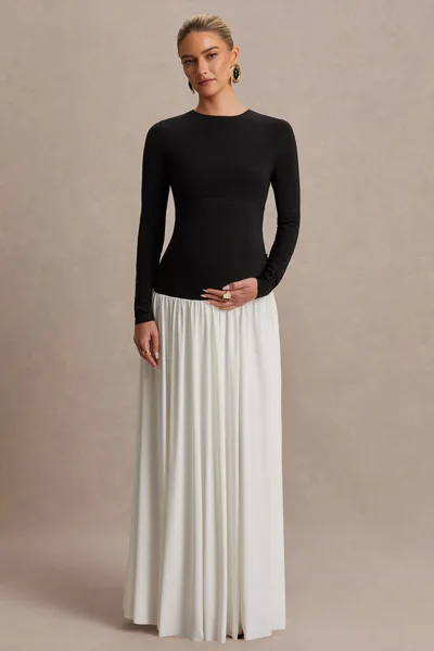 Club L London Monroe | Black And White Crew-Neck Maternity Maxi Dress With Drop-Waist