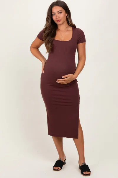 PinkBlush Brown Ribbed Short Sleeve Side Slit Maternity Midi Dress
