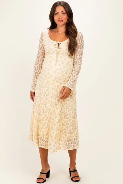 PinkBlush Cream Floral Lace Long Bell Sleeve Maternity Midi Dress