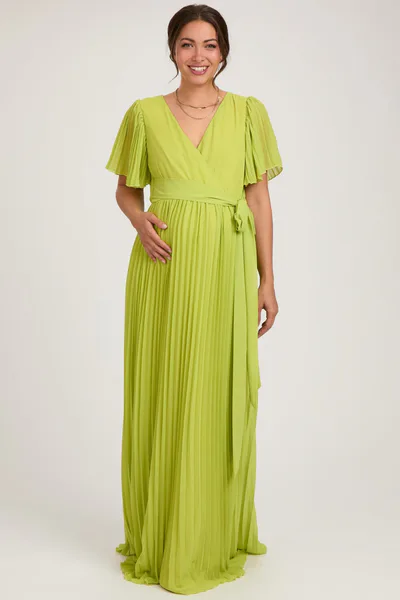 PinkBlush Lime Chiffon Wrap Front V-Neck Short Sleeve Pleated Maternity Maxi Dress