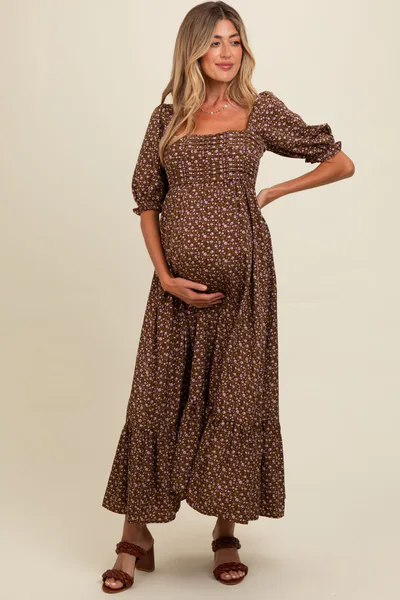 PinkBlush Mocha Floral Pleated Bodice Maternity Maxi Dress