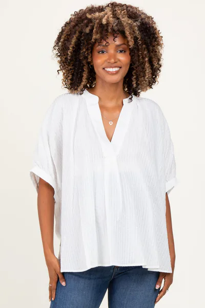 PinkBlush Off White Textured Stripe Oversized Maternity Blouse