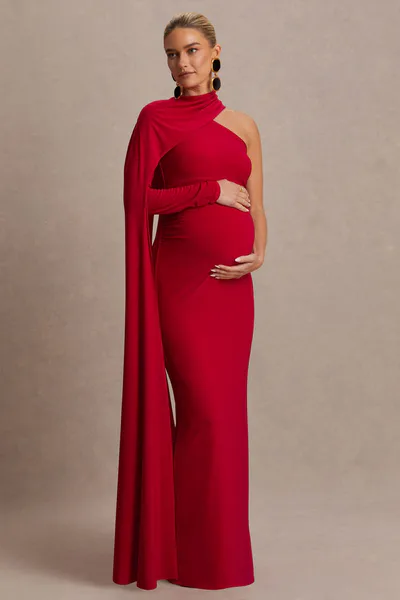 Club L London Tessy | Red Asymmetric-Neck Maternity Maxi Dress With Cape-Sleeve