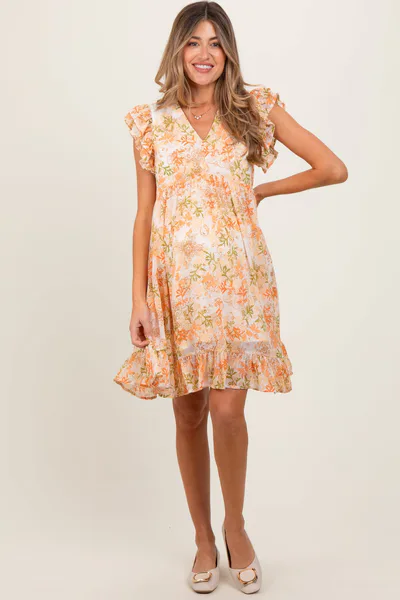 PinkBlush Orange Floral Chiffon Ruffle Short Sleeve Maternity Dress