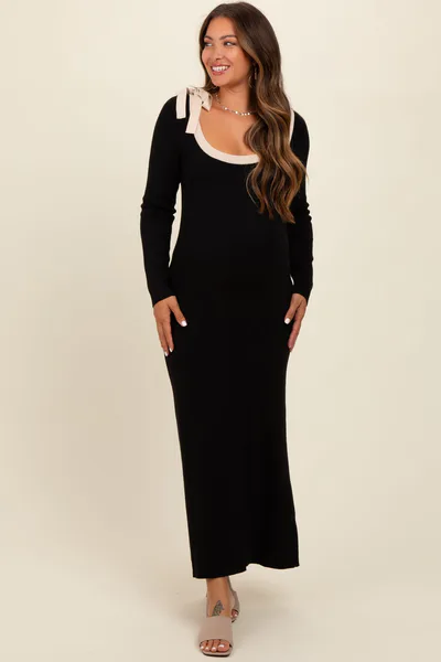 PinkBlush Black Shoulder Bow Detail Maternity Maxi Sweater Dress