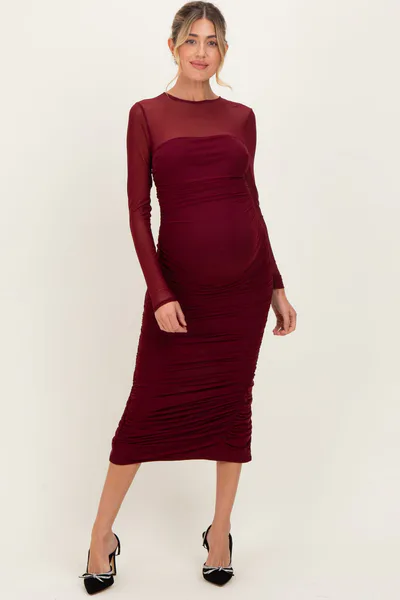 PinkBlush Burgundy Mesh Ruched Long Sleeve Maternity Midi Dress