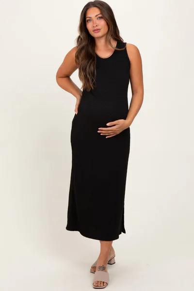 PinkBlush Black Jacquard Sleeveless Side Slit Maternity Midi Dress