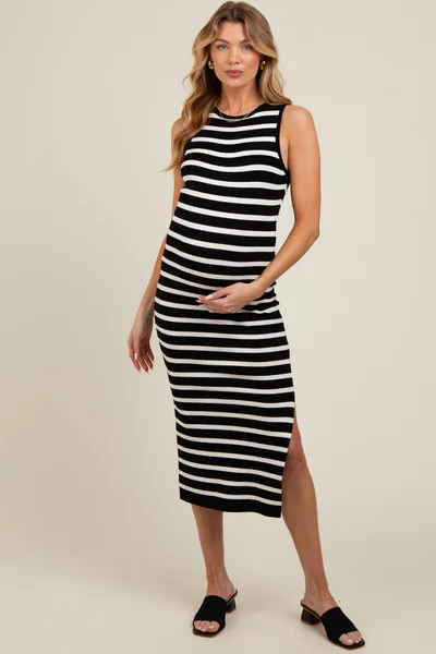 PinkBlush Black White Striped Knit Sleeveless Side Slit Maternity Midi Dress