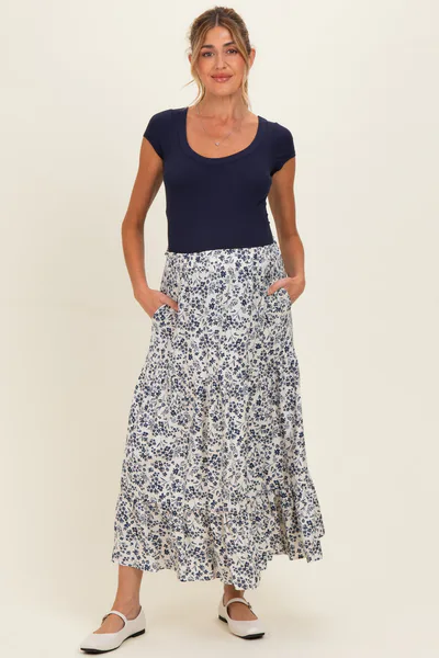 PinkBlush Cream Tiered Floral Print Maternity Maxi Skirt