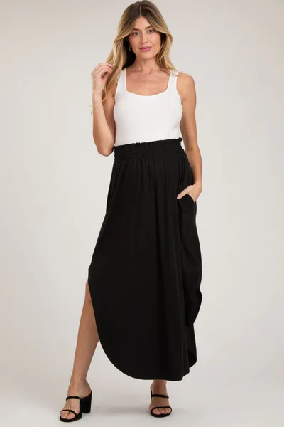 PinkBlush Black Smocked Rounded Hem Maternity Maxi Skirt