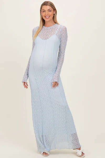 PinkBlush Light Blue Lace Mock Neck Long Sleeve Maternity Maxi Dress