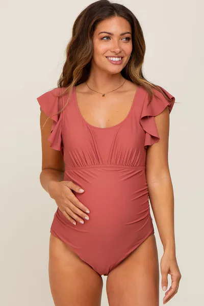 PinkBlush Rust Ruffle Shoulder Pleated Side Maternity One Piece Swimsuit