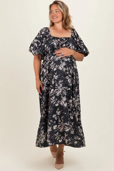 PinkBlush Black Floral Puff Sleeve Smocked Waist Maternity Plus Midi Dress