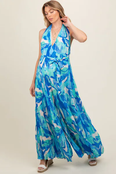 PinkBlush Blue Printed Halter Neck Wide Leg Maternity Jumpsuit