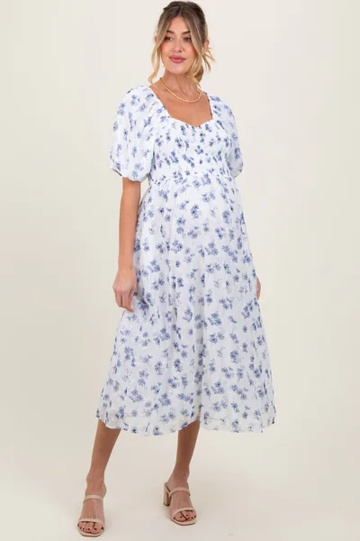 PinkBlush Blue Floral Smocked Bodice Maternity Midi Dress
