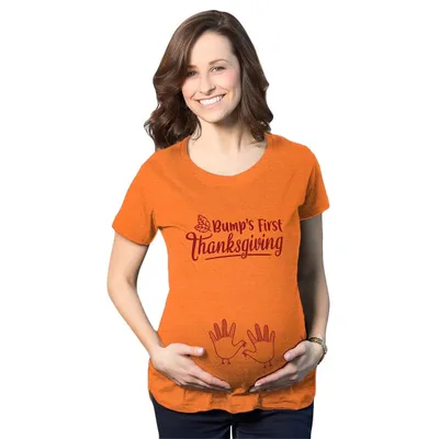 Target Maternity Bump's First Thanksgiving T Shirt Cute Funny Turkey Day Pregnancy Tee - Crazy Dog Maternity T Shirt for Thanksgiving Orange M