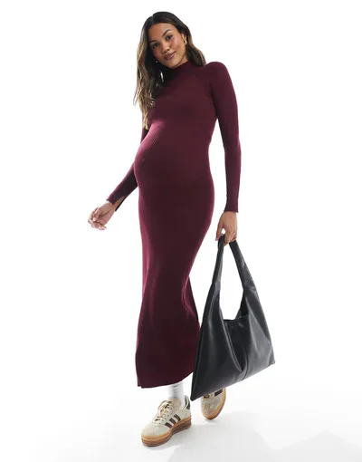 ASOS fine-gauge knit maxi dress with ribbed detailing in burgundy
