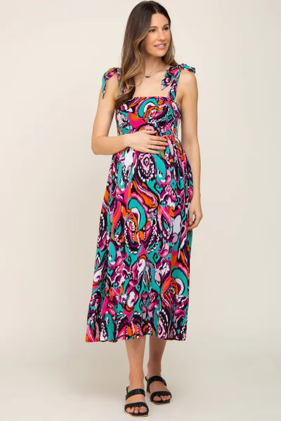 PinkBlush Black Printed Smocked Shoulder Tie Maternity Midi Dress