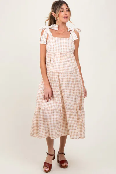 PinkBlush Camel Gingham Lace Trim Shoulder Tie Maternity Maxi Dress